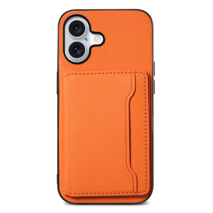 For iPhone 16 Plus Calf Texture Card Bag Design Full Coverage Phone Case(Orange) - iPhone 16 Plus Cases by buy2fix | Online Shopping UK | buy2fix