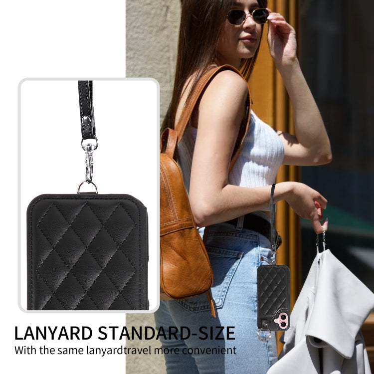 For iPhone 16 Rhombic Texture Card Bag Phone Case with Short Lanyard(Black) - iPhone 16 Cases by buy2fix | Online Shopping UK | buy2fix