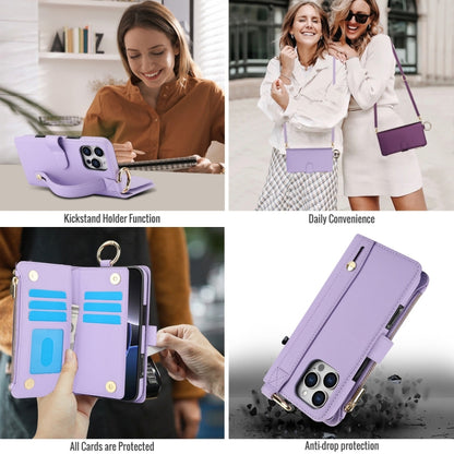 For iPhone 16 Pro Crossbody Ring Multifunctional Wallet Leather Phone Case(Purple) - More iPhone Cases by buy2fix | Online Shopping UK | buy2fix