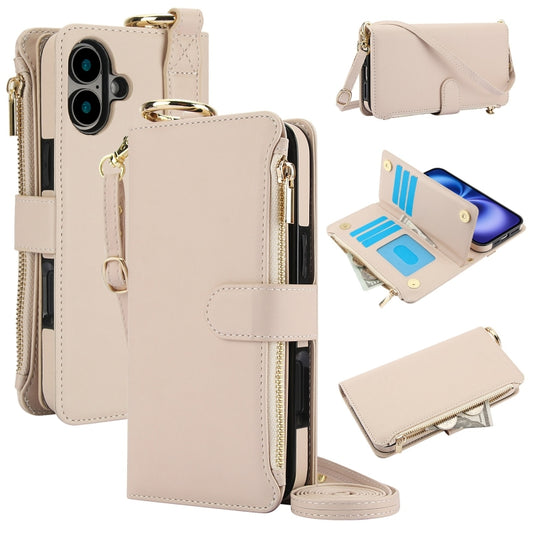 For iPhone 16 Plus Crossbody Ring Multifunctional Wallet Leather Phone Case(White) - iPhone 16 Plus Cases by buy2fix | Online Shopping UK | buy2fix