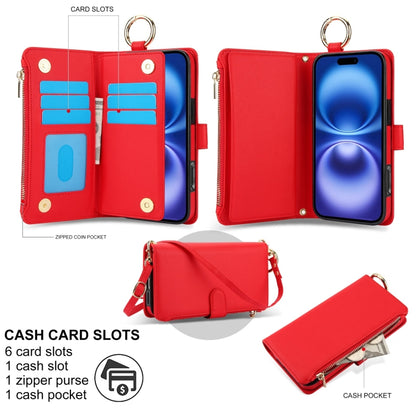 For iPhone 16 Crossbody Ring Multifunctional Wallet Leather Phone Case(Red) - iPhone 16 Cases by buy2fix | Online Shopping UK | buy2fix