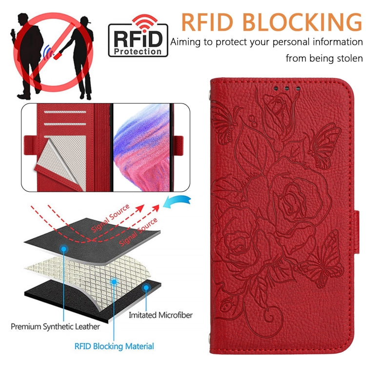 For Blackview A53 Embossed Rose RFID Anti-theft Leather Phone Case(Red) - More Brand by buy2fix | Online Shopping UK | buy2fix