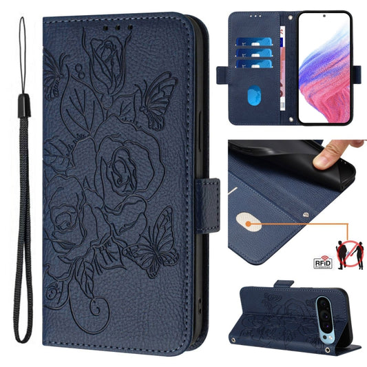 For Google Pixel 9 / 9 Pro Embossed Rose RFID Anti-theft Leather Phone Case(Dark Blue) - Google Cases by buy2fix | Online Shopping UK | buy2fix