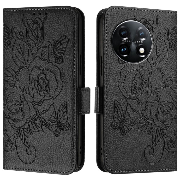 For OnePlus 11 Embossed Rose RFID Anti-theft Leather Phone Case(Black) - OnePlus Cases by buy2fix | Online Shopping UK | buy2fix