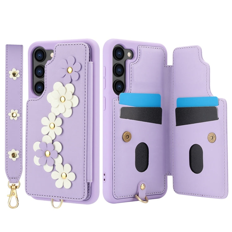 For Samsung Galaxy S25+ 5G Crossbody Flower Pattern Leather Phone Case(Purple) - Galaxy S23+ 5G Cases by buy2fix | Online Shopping UK | buy2fix