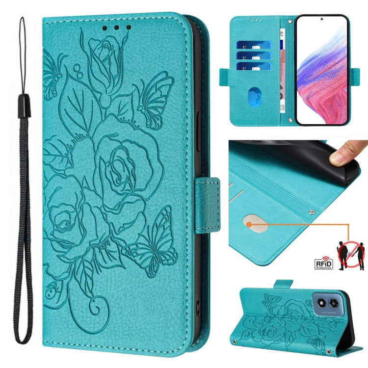 For Motorola Moto G Play 4G 2024 Embossed Rose RFID Anti-theft Leather Phone Case(Light Blue) - Motorola Cases by buy2fix | Online Shopping UK | buy2fix