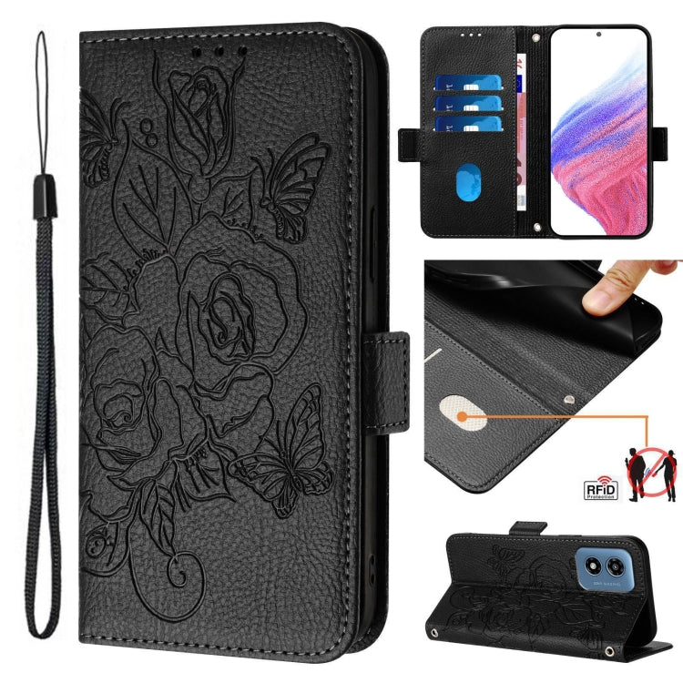 For Motorola Moto G Play 5G / G 5G 2024 Embossed Rose RFID Anti-theft Leather Phone Case(Black) - Motorola Cases by buy2fix | Online Shopping UK | buy2fix