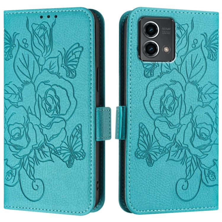 For Motorola Moto G Stylus 5G 2024 Embossed Rose RFID Anti-theft Leather Phone Case(Light Blue) - Motorola Cases by buy2fix | Online Shopping UK | buy2fix