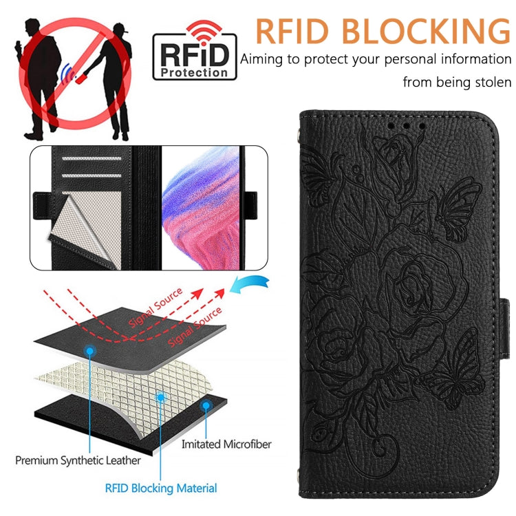 For Motorola Moto G Stylus 5G 2024 Embossed Rose RFID Anti-theft Leather Phone Case(Black) - Motorola Cases by buy2fix | Online Shopping UK | buy2fix