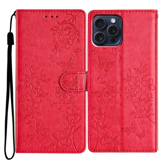 For iPhone 16 Pro Max Butterflies and Flowers Leather Phone Case(Red) - iPhone 16 Pro Max Cases by buy2fix | Online Shopping UK | buy2fix