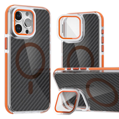 For iPhone 13 Pro Magsafe Dual-Color Carbon Fiber Lens Film Phone Case with Lens Fold Holder(Orange) - iPhone 13 Pro Cases by buy2fix | Online Shopping UK | buy2fix