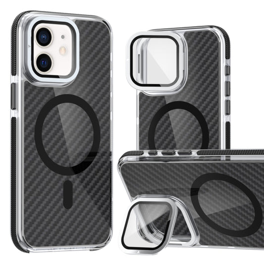 For iPhone 12 Pro / 12 Magsafe Dual-Color Carbon Fiber Lens Film Phone Case with Lens Fold Holder(Black) - iPhone 12 / 12 Pro Cases by buy2fix | Online Shopping UK | buy2fix