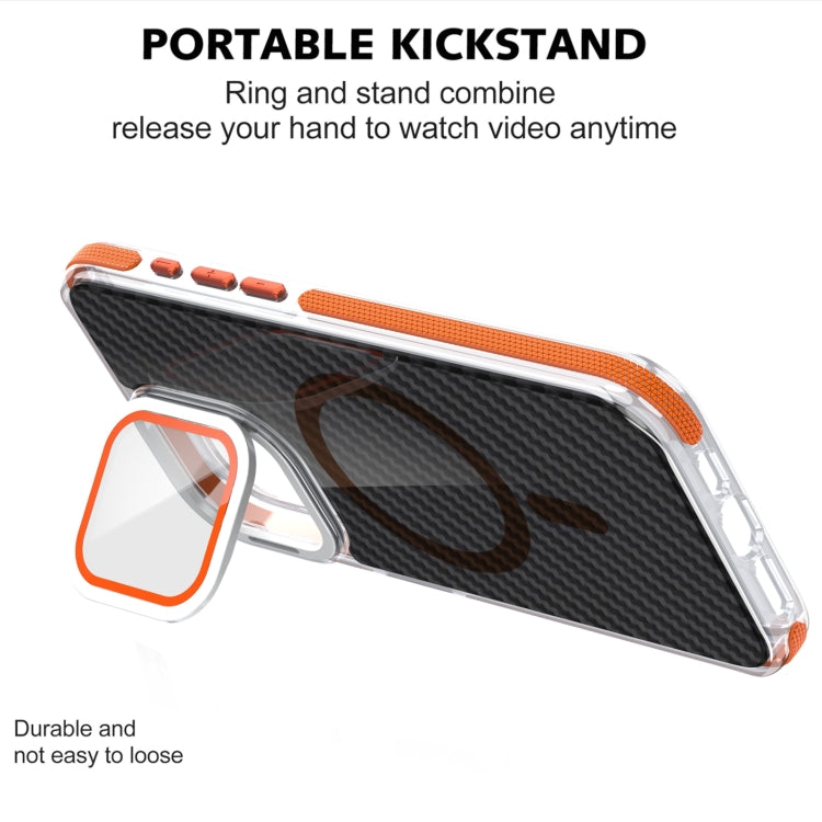 For iPhone 14 Plus Magsafe Dual-Color Carbon Fiber Lens Film Phone Case with Lens Fold Holder(Orange) - iPhone 14 Plus Cases by buy2fix | Online Shopping UK | buy2fix