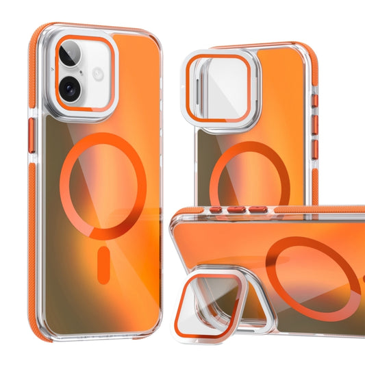 For iPhone 16 Plus MagSafe Gradient Color Lens Film Phone Case with Lens Fold Holder(Orange) - iPhone 16 Plus Cases by buy2fix | Online Shopping UK | buy2fix