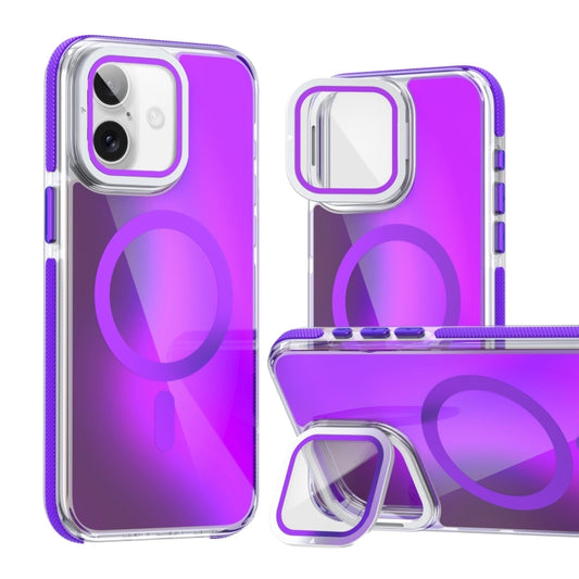 For iPhone 16 Plus MagSafe Gradient Color Lens Film Phone Case with Lens Fold Holder(Purple) - iPhone 16 Plus Cases by buy2fix | Online Shopping UK | buy2fix