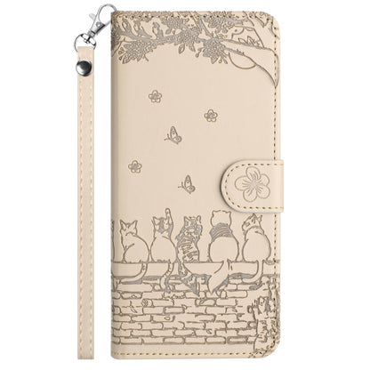 For Samsung Galaxy S25 5G Cat Embossing Pattern Leather Phone Case with Lanyard(Beige) - Galaxy S25 5G Cases by buy2fix | Online Shopping UK | buy2fix