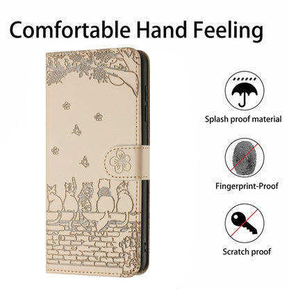 For Samsung Galaxy S25 5G Cat Embossing Pattern Leather Phone Case with Lanyard(Beige) - Galaxy S25 5G Cases by buy2fix | Online Shopping UK | buy2fix