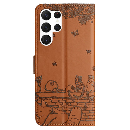 For Samsung Galaxy S25 Ultra 5G Cat Embossing Pattern Leather Phone Case with Lanyard(Brown) - Galaxy S25 Ultra 5G Cases by buy2fix | Online Shopping UK | buy2fix