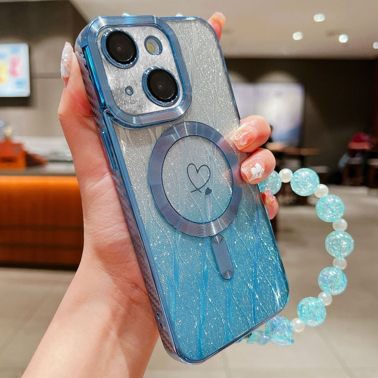 For iPhone 13 Loves Leaves Gradient Glitter Bracelets Carbon Fiber Magsafe TPU Phone Case(Blue) - iPhone 13 Cases by buy2fix | Online Shopping UK | buy2fix