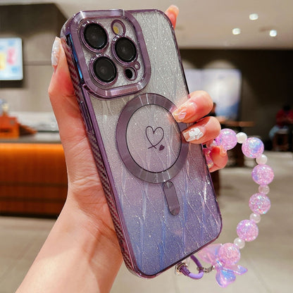 For iPhone 16 Pro Loves Leaves Gradient Glitter Bracelets Carbon Fiber Magsafe TPU Phone Case(Purple) - iPhone 16 Pro Cases by buy2fix | Online Shopping UK | buy2fix