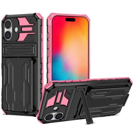 For iPhone 16 Kickstand Armor Card Wallet Phone Case(Pink) - iPhone 16 Cases by buy2fix | Online Shopping UK | buy2fix