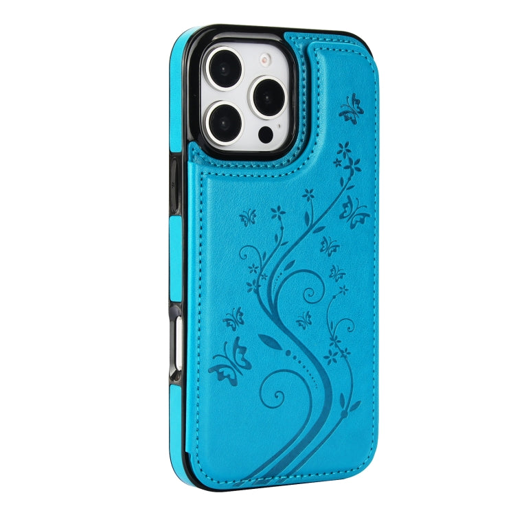 For iPhone 16 Pro Double Buckle Butterfly Embossing PU Phone Case(Blue) - iPhone 16 Pro Cases by buy2fix | Online Shopping UK | buy2fix