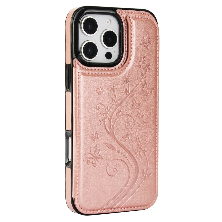 For iPhone 16 Pro Double Buckle Butterfly Embossing PU Phone Case(Rose Gold) - iPhone 16 Pro Cases by buy2fix | Online Shopping UK | buy2fix