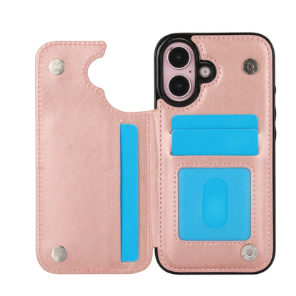 For iPhone 16 Plus Double Buckle Butterfly Embossing PU Phone Case(Rose Gold) - iPhone 16 Plus Cases by buy2fix | Online Shopping UK | buy2fix