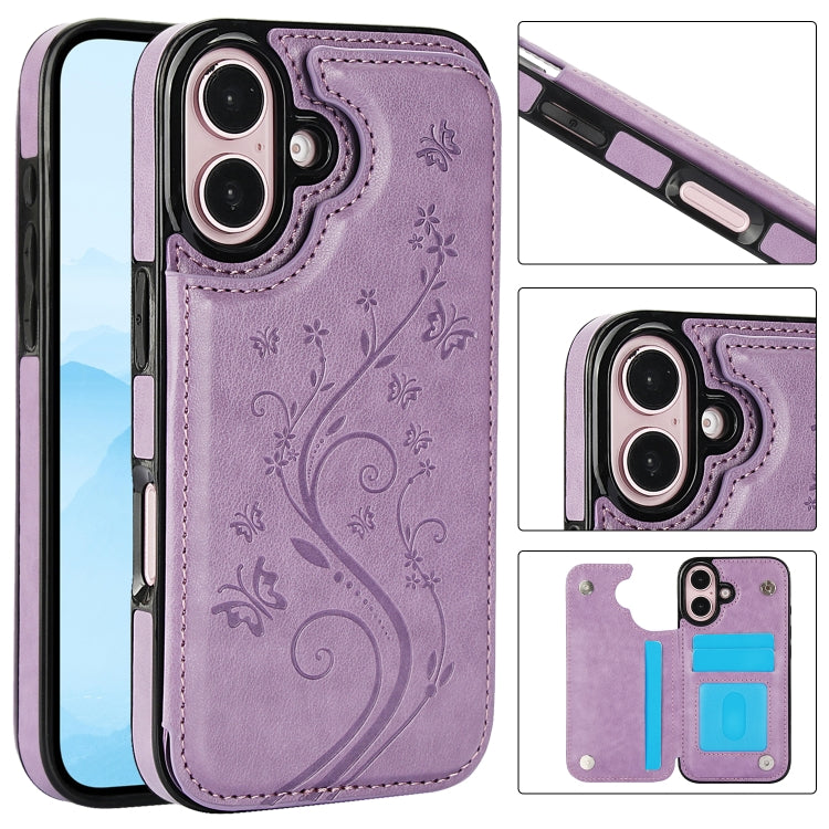 For iPhone 16 Plus Double Buckle Butterfly Embossing PU Phone Case(Purple) - iPhone 16 Plus Cases by buy2fix | Online Shopping UK | buy2fix