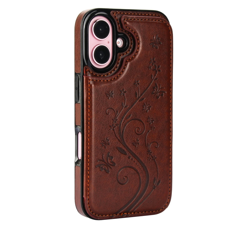 For iPhone 16 Plus Double Buckle Butterfly Embossing PU Phone Case(Brown) - iPhone 16 Plus Cases by buy2fix | Online Shopping UK | buy2fix