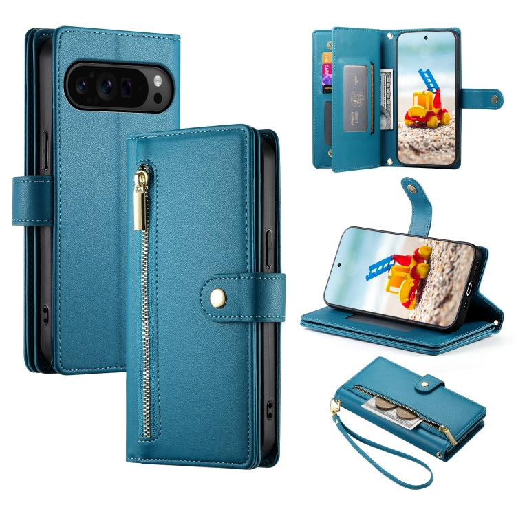 For Google Pixel 9 Pro XL Nine Card-slot Zipper Wallet Bag Leather Phone Case(Blue) - Google Cases by buy2fix | Online Shopping UK | buy2fix