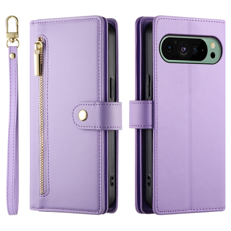 For Google Pixel 9 / 9 Pro Nine Card-slot Zipper Wallet Bag Leather Phone Case(Purple) - Google Cases by buy2fix | Online Shopping UK | buy2fix