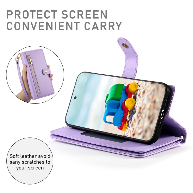 For Google Pixel 9 / 9 Pro Nine Card-slot Zipper Wallet Bag Leather Phone Case(Purple) - Google Cases by buy2fix | Online Shopping UK | buy2fix