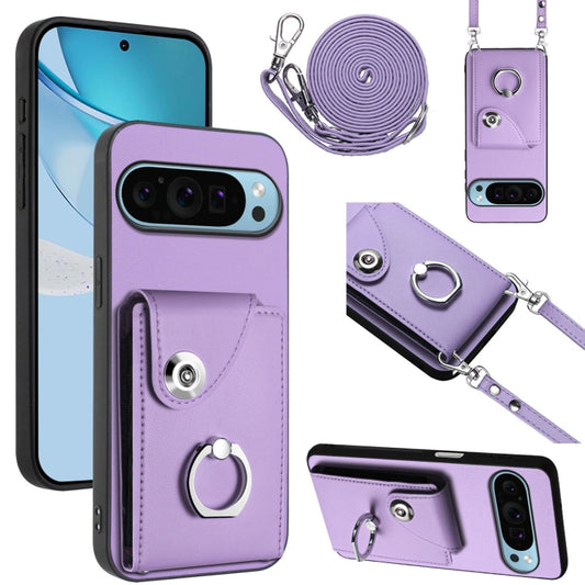 For Google Pixel 9 / 9 Pro Organ Card Bag Ring Holder Phone Case with Long Lanyard(Purple) - Google Cases by buy2fix | Online Shopping UK | buy2fix