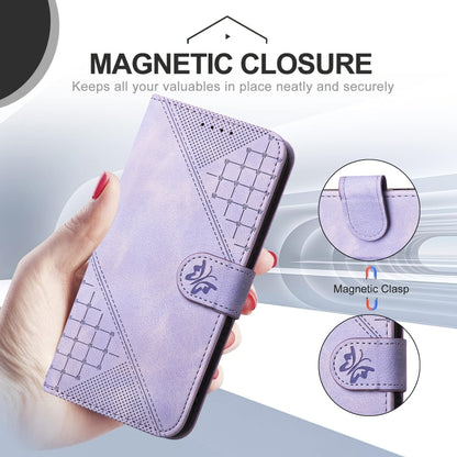 For iPhone 16 Pro YX0080 Grid Butterfly Embossed Pattern Flip Leather Phone Case with Lanyard(Light Purple) - iPhone 16 Pro Cases by buy2fix | Online Shopping UK | buy2fix