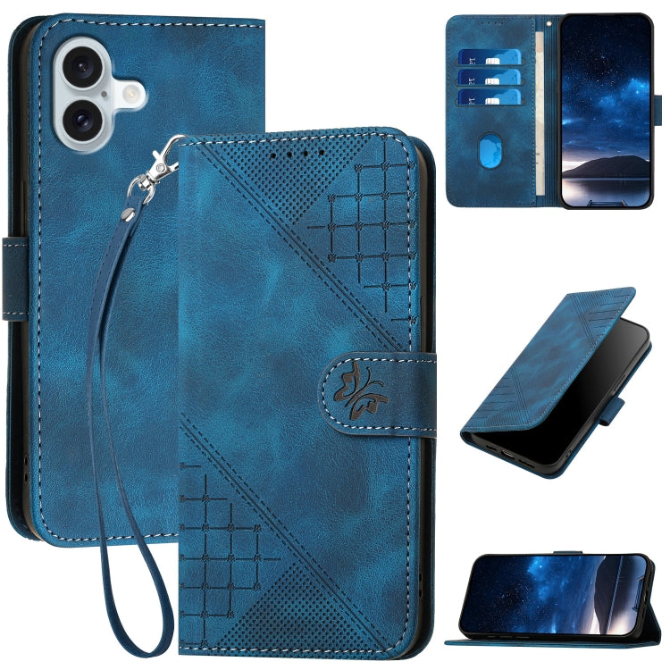 For iPhone 16 Plus YX0080 Grid Butterfly Embossed Pattern Flip Leather Phone Case with Lanyard(Dark Blue) - iPhone 16 Plus Cases by buy2fix | Online Shopping UK | buy2fix