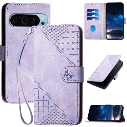 For Google Pixel 9 / 9 Pro YX0080 Grid Butterfly Embossed Pattern Flip Leather Phone Case with Lanyard(Light Purple) - Google Cases by buy2fix | Online Shopping UK | buy2fix