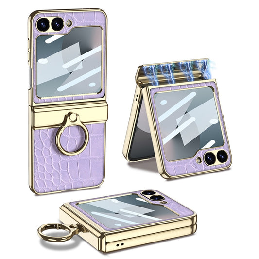 For Samsung Galaxy Z Flip6 GKK Integrated Electroplated Crocodile Texture Leather Phone Case with Ring(Purple) - Galaxy Z Flip6 5G Cases by GKK | Online Shopping UK | buy2fix