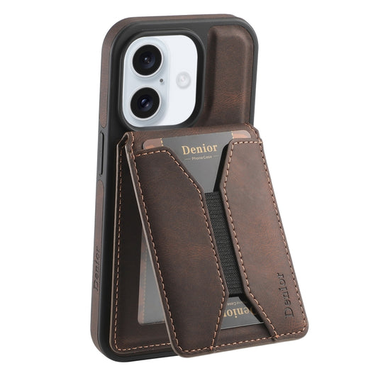 For iPhone 16 Denior D18 Skin Feel Rotating Holder MagSafe Detachable Card Slot Phone Case(Brown) - iPhone 16 Cases by Denior | Online Shopping UK | buy2fix