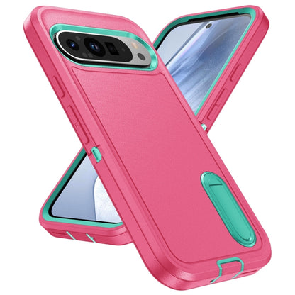 For Google Pixel 9 Pro Rugged PC + Silicone Phone Case with Holder(Rose Red+Light Green) - Google Cases by buy2fix | Online Shopping UK | buy2fix