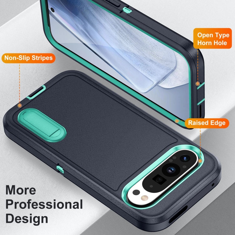 For Google Pixel 9 Pro Rugged PC + Silicone Phone Case with Holder(Dark Blue+Light Green) - Google Cases by buy2fix | Online Shopping UK | buy2fix