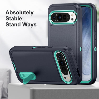 For Google Pixel 9 Rugged PC + Silicone Phone Case with Holder(Dark Blue+Light Green) - Google Cases by buy2fix | Online Shopping UK | buy2fix