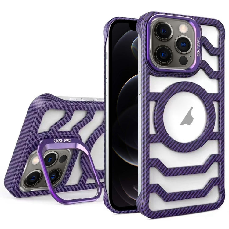 For iPhone 12 Pro Borderless Carbon Fiber Lens Protection Bracket MagSafe Phone Case(Purple) - iPhone 12 / 12 Pro Cases by buy2fix | Online Shopping UK | buy2fix