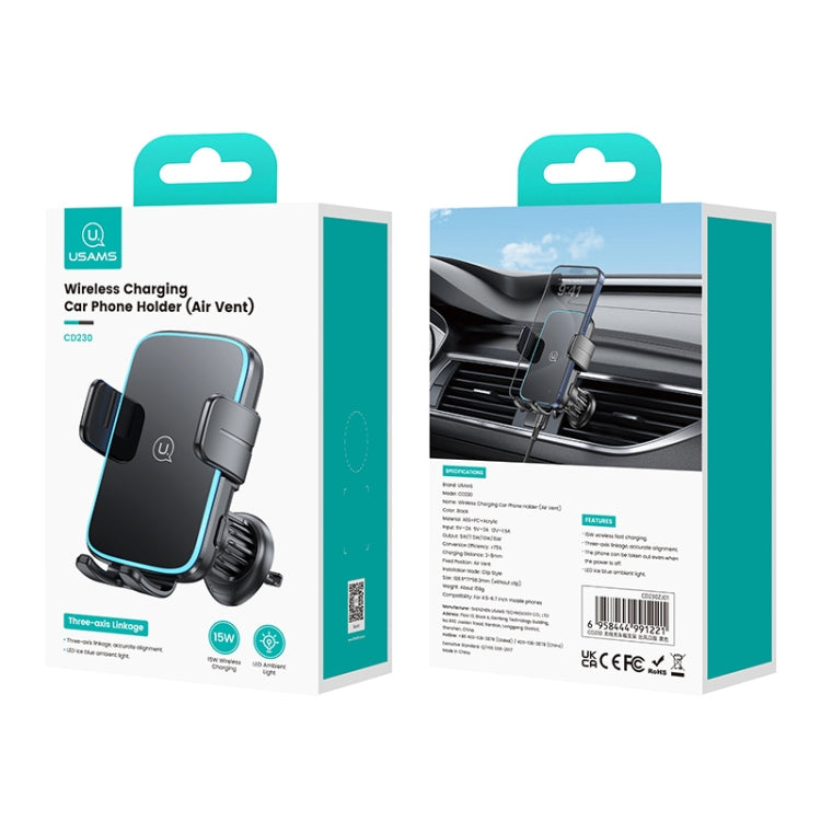 USAMS CD230 15W Accurate Aligment Wireless Charging Car Phone Holder with Suction Cup(Black) - Wireless Charger Holders by USAMS | Online Shopping UK | buy2fix