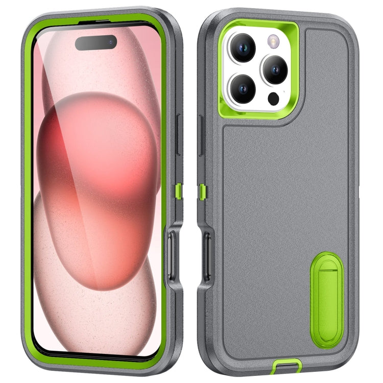 For iPhone 16 Pro Rugged PC + Silicone Phone Case with Holder(Grey+Fresh Green) - iPhone 16 Pro Cases by buy2fix | Online Shopping UK | buy2fix