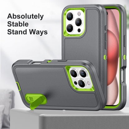 For iPhone 16 Pro Rugged PC + Silicone Phone Case with Holder(Grey+Fresh Green) - iPhone 16 Pro Cases by buy2fix | Online Shopping UK | buy2fix