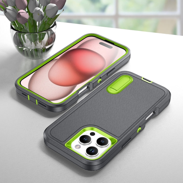 For iPhone 16 Pro Rugged PC + Silicone Phone Case with Holder(Grey+Fresh Green) - iPhone 16 Pro Cases by buy2fix | Online Shopping UK | buy2fix