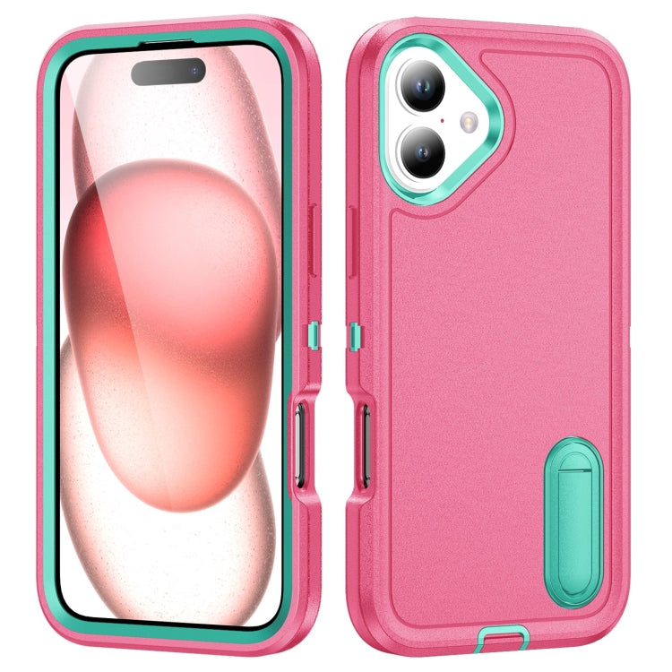 For iPhone 16 Rugged PC + Silicone Phone Case with Holder(Rose Red+Light Green) - iPhone 16 Cases by buy2fix | Online Shopping UK | buy2fix