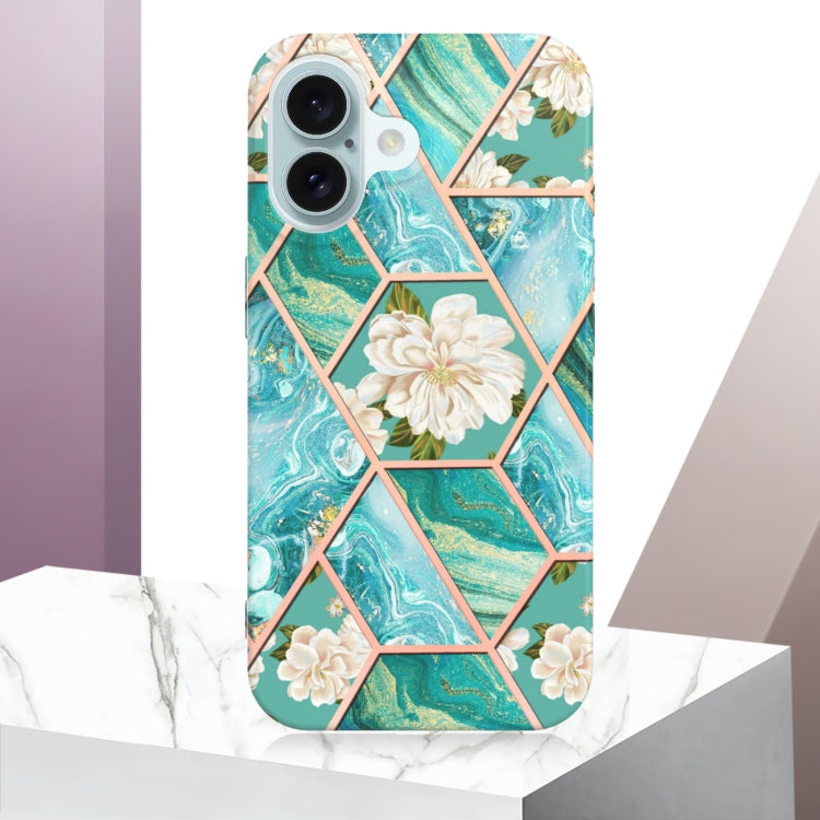 For iPhone 16 Plus Splicing Marble Flower IMD TPU Phone Case(Blue Flower) - iPhone 16 Plus Cases by buy2fix | Online Shopping UK | buy2fix