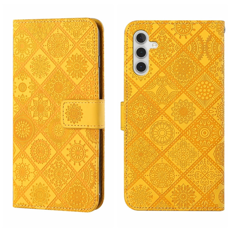 For Samsung Galaxy S25 5G Ethnic Style Embossed Pattern Leather Phone Case(Yellow) - Galaxy S25 5G Cases by buy2fix | Online Shopping UK | buy2fix